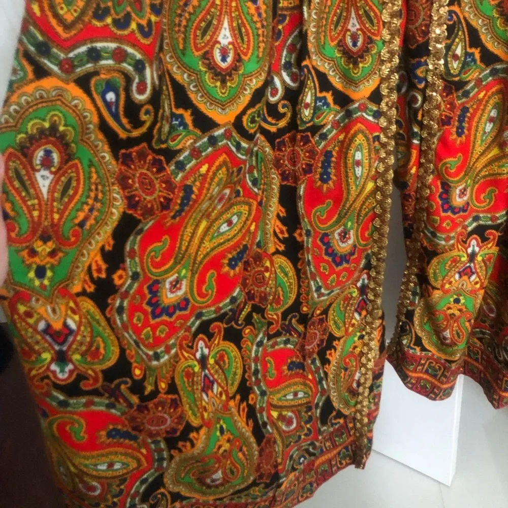 Vtg Jumpsuit 60s 70s Psychedelic Paisley Palazzo Leg Gold Rick Rack Trim S-XS - Picture 3 of 12